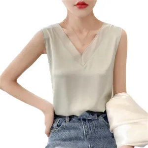 Women's Silk Satin Camisole Loose Sleeveless Thin Top with T-Shirt   Base Layer Vest