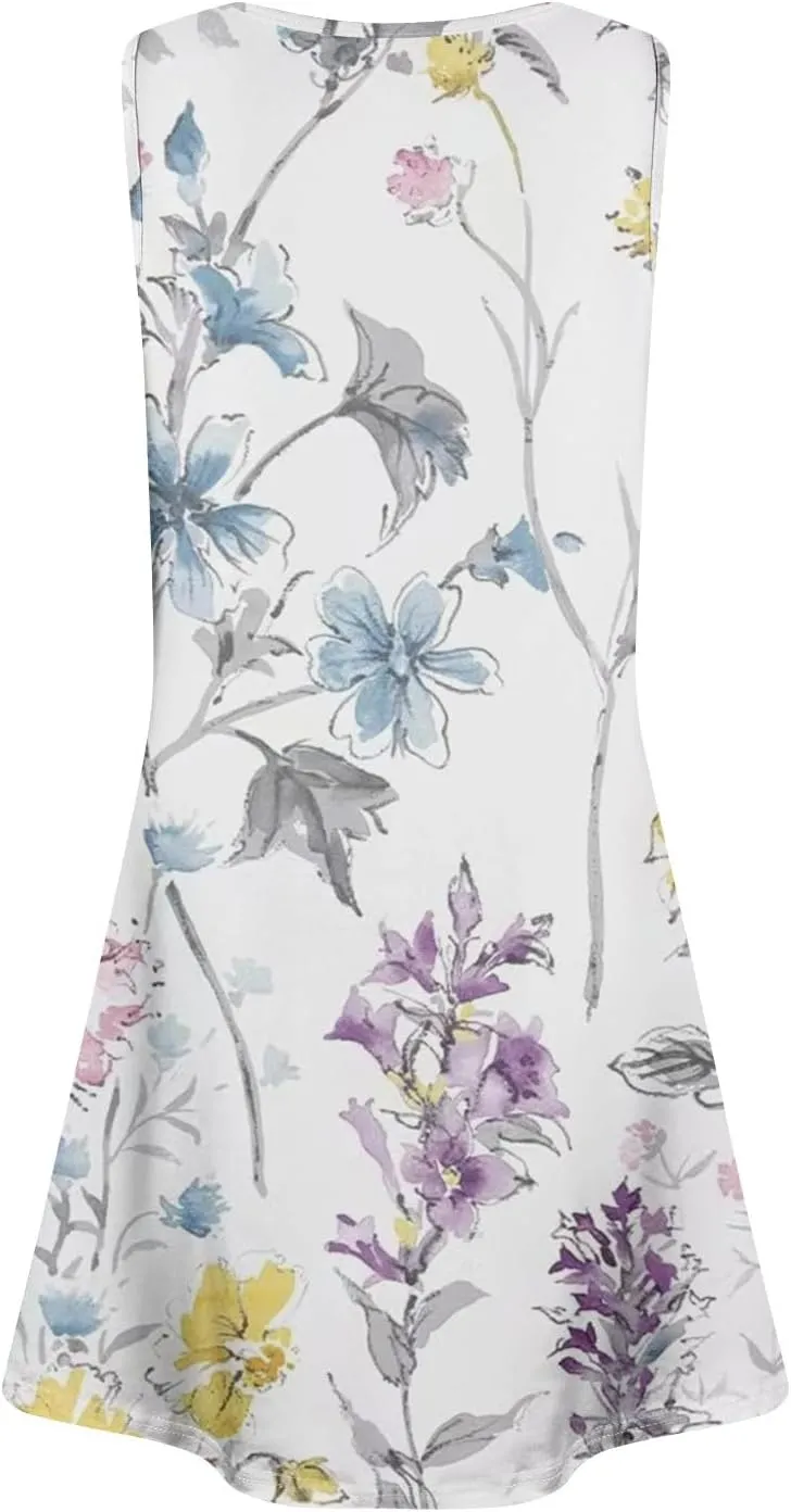 Women's Sleeveless Floral Print Casual A-Line Dress with Pockets, Summer Summer for Beach and Everyday Wear