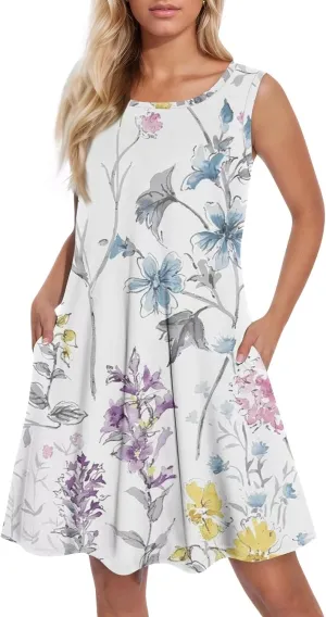Women's Sleeveless Floral Print Casual A-Line Dress with Pockets, Summer Summer for Beach and Everyday Wear