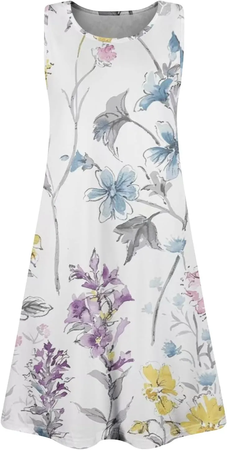 Women's Sleeveless Floral Print Casual A-Line Dress with Pockets, Summer Summer for Beach and Everyday Wear