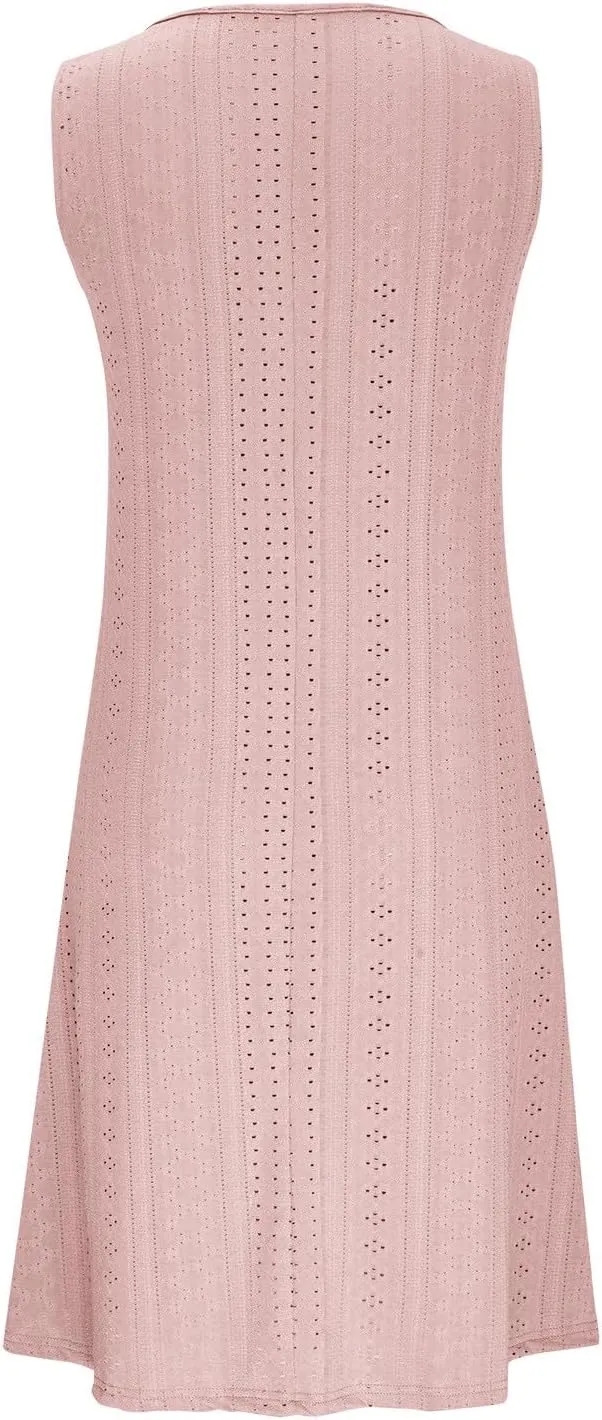 Women's Sleeveless Summer Dress V Neck Casual Loose Fit Sundress Lace Hollow Out A-Line Flowy Beach Dresses