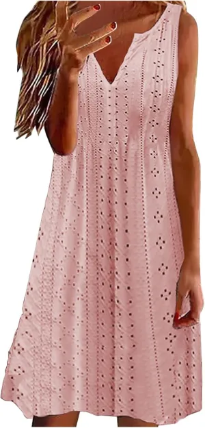 Women's Sleeveless Summer Dress V Neck Casual Loose Fit Sundress Lace Hollow Out A-Line Flowy Beach Dresses
