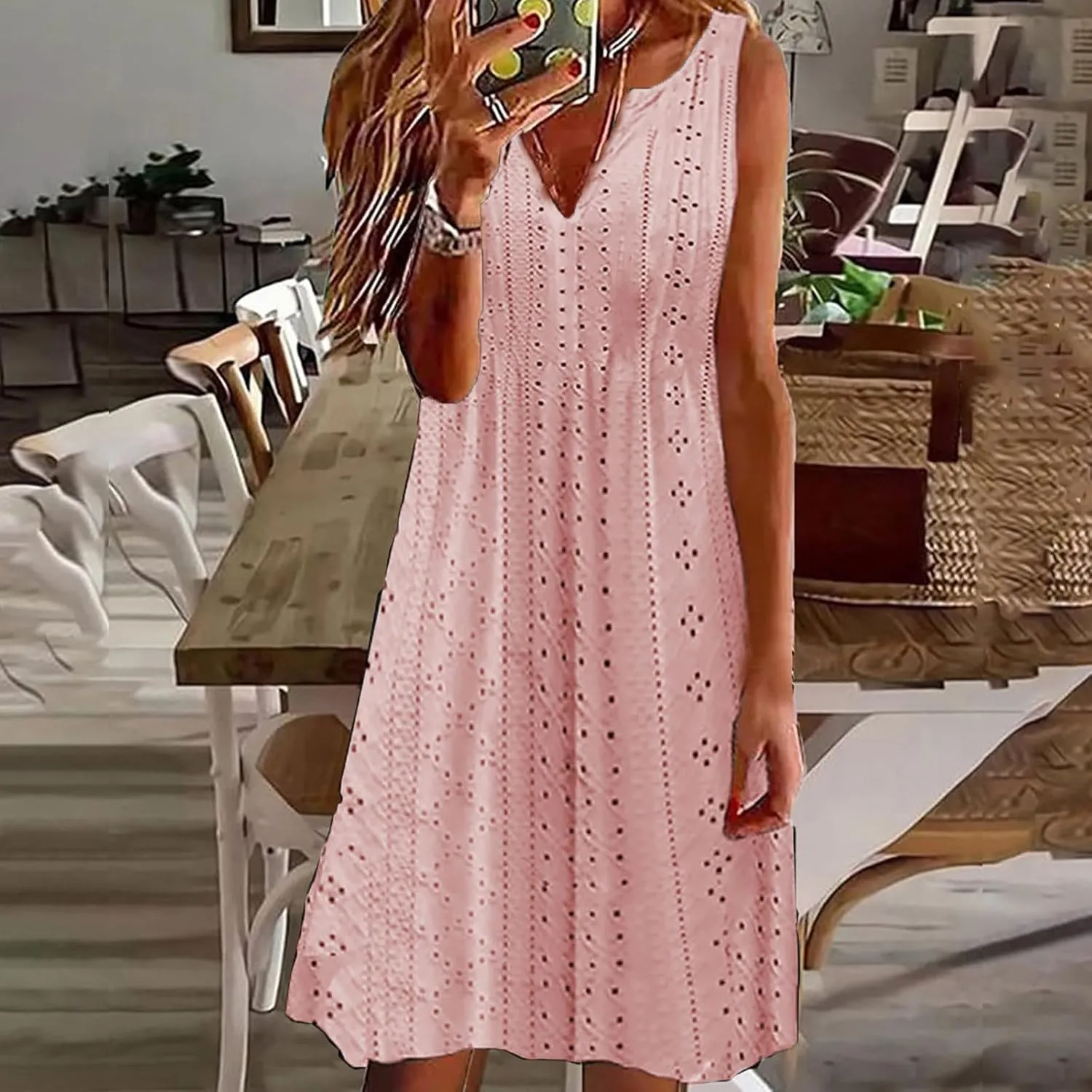 Women's Sleeveless Summer Dress V Neck Casual Loose Fit Sundress Lace Hollow Out A-Line Flowy Beach Dresses