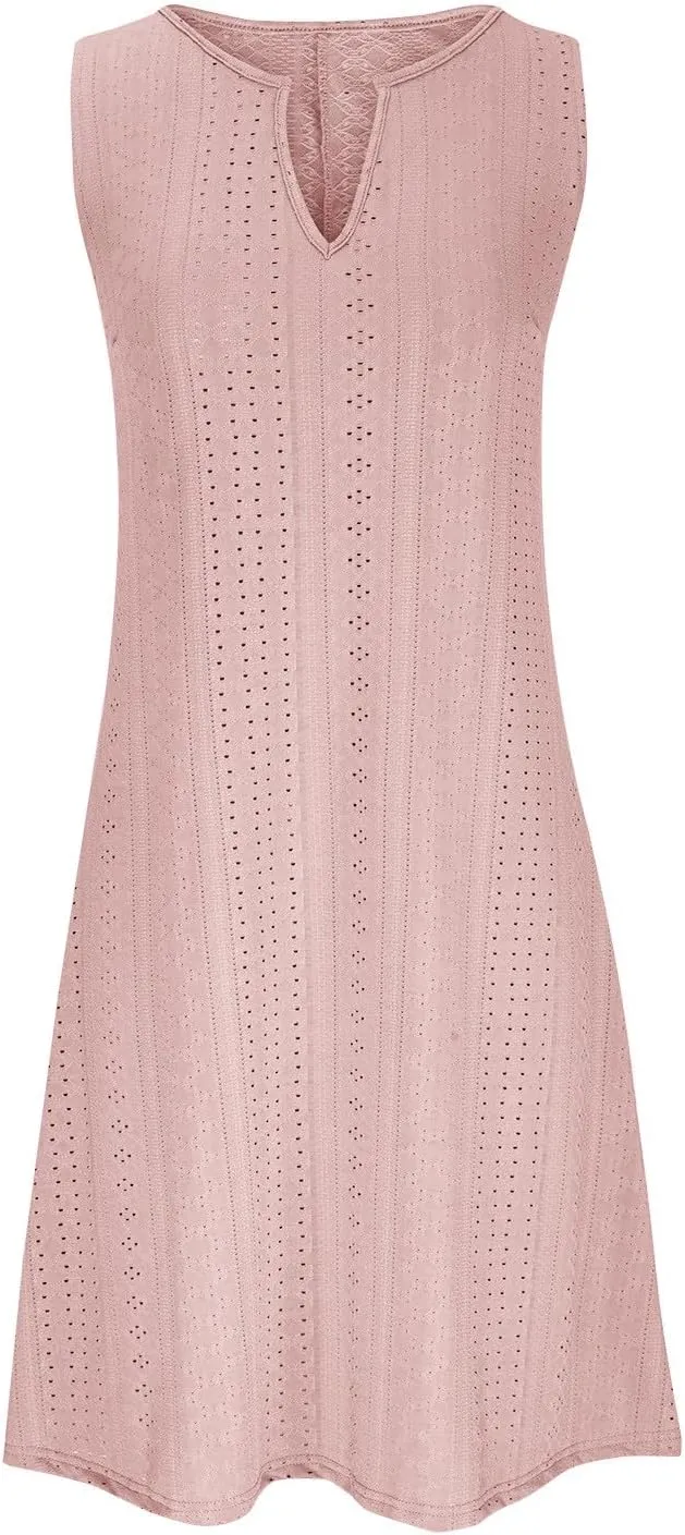 Women's Sleeveless Summer Dress V Neck Casual Loose Fit Sundress Lace Hollow Out A-Line Flowy Beach Dresses