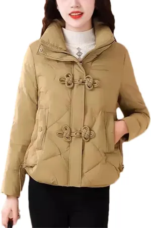 Women's Stand Up Collar Warm Cotton-Padded Jacket Long Sleeve Classic Solid Parka Coat