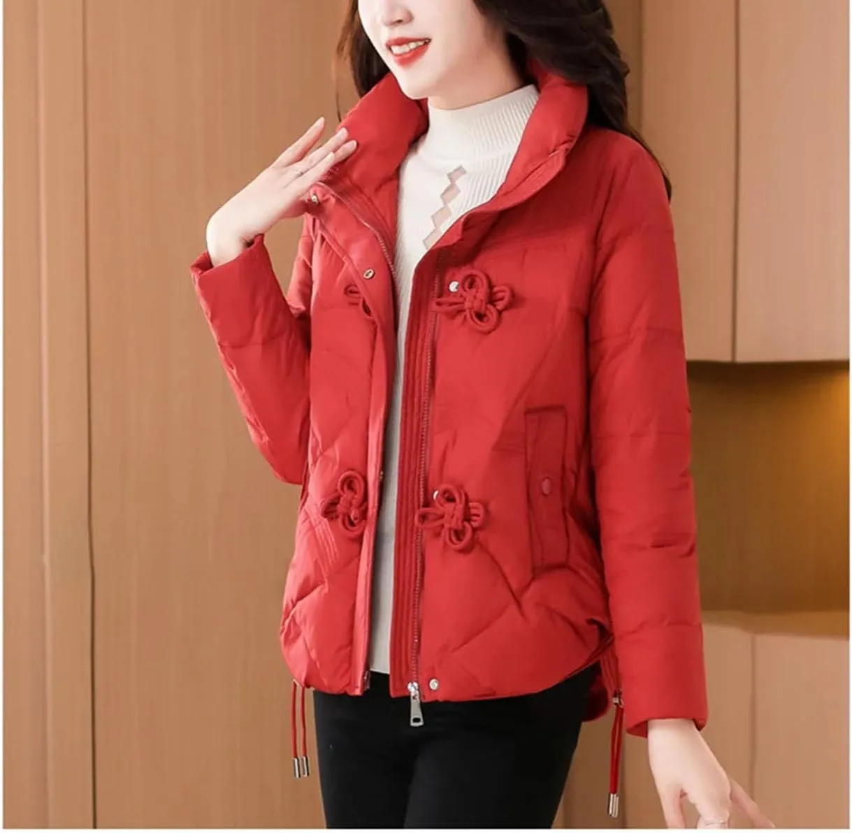 Women's Stand Up Collar Warm Cotton-Padded Jacket Long Sleeve Classic Solid Parka Coat