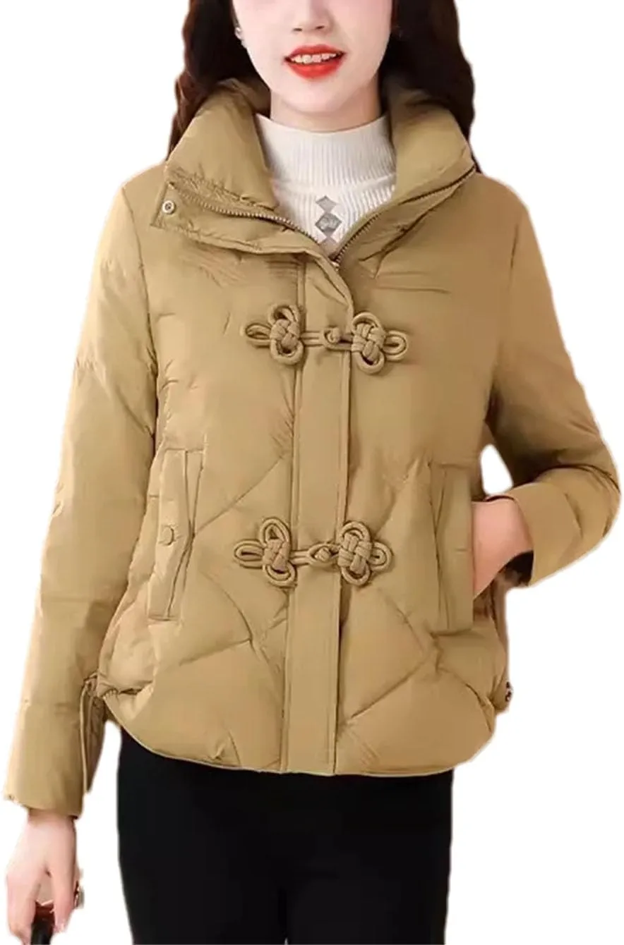 Women's Stand Up Collar Warm Cotton-Padded Jacket Long Sleeve Classic Solid Parka Coat