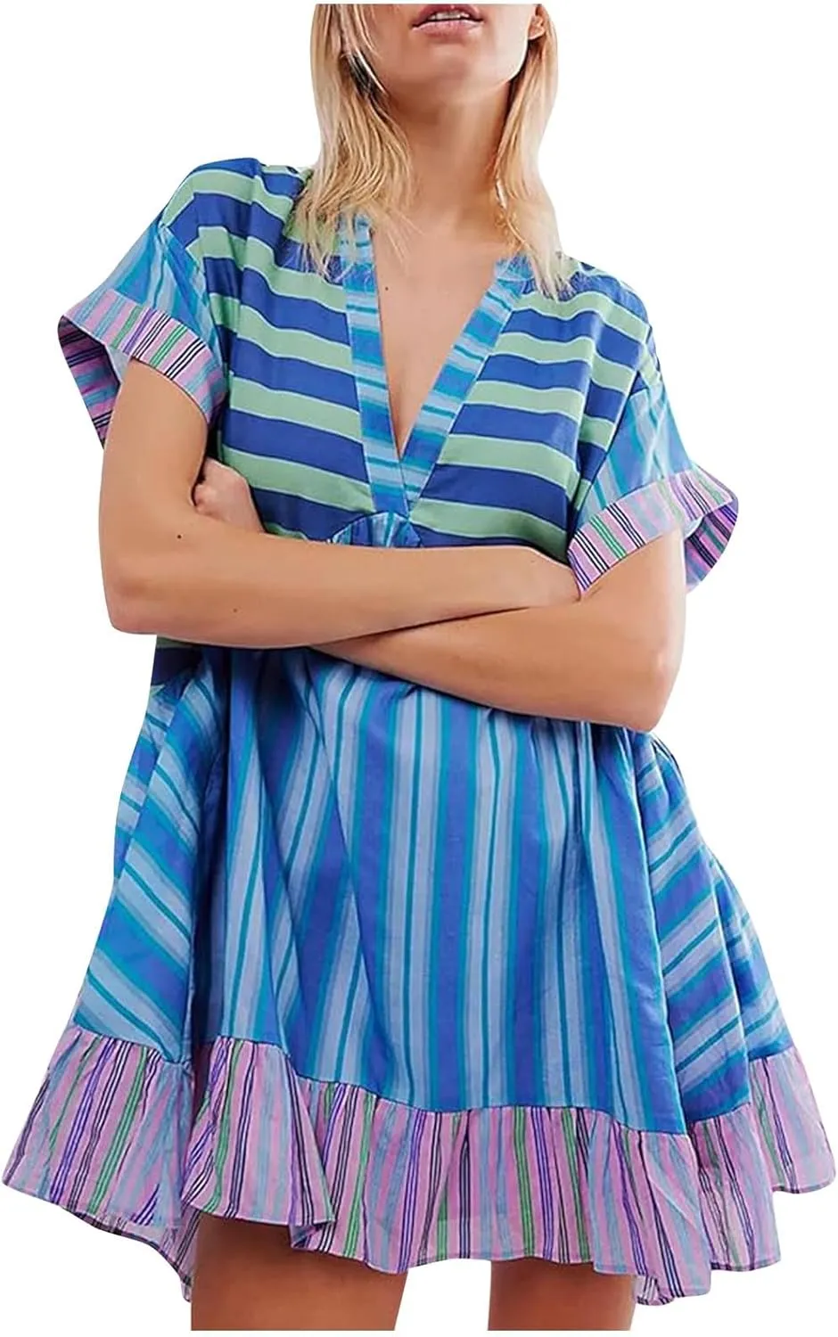 Womens Summer Bohemian Ruffles Mini Dresses Loose Short Sleeve V Neck Cute Printed Swing Baech Vacation Dress with Pockets