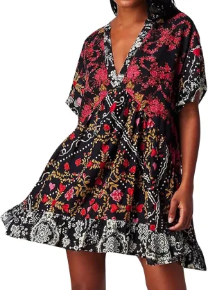 Womens Summer Bohemian Ruffles Mini Dresses Loose Short Sleeve V Neck Cute Printed Swing Baech Vacation Dress with Pockets