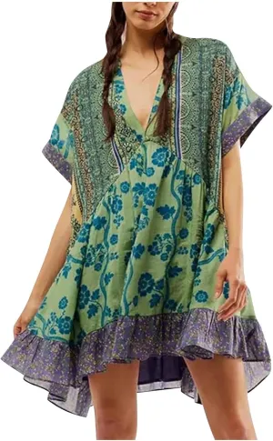 Womens Summer Bohemian Ruffles Mini Dresses Loose Short Sleeve V Neck Cute Printed Swing Baech Vacation Dress with Pockets