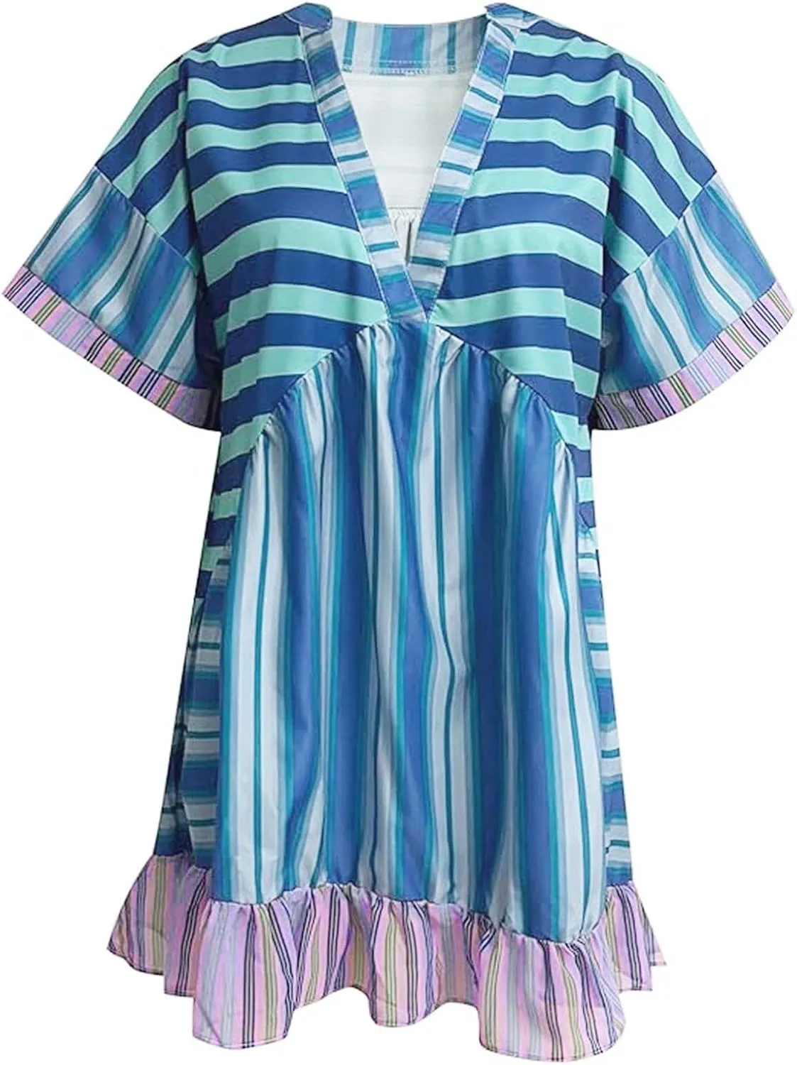 Womens Summer Bohemian Ruffles Mini Dresses Loose Short Sleeve V Neck Cute Printed Swing Baech Vacation Dress with Pockets
