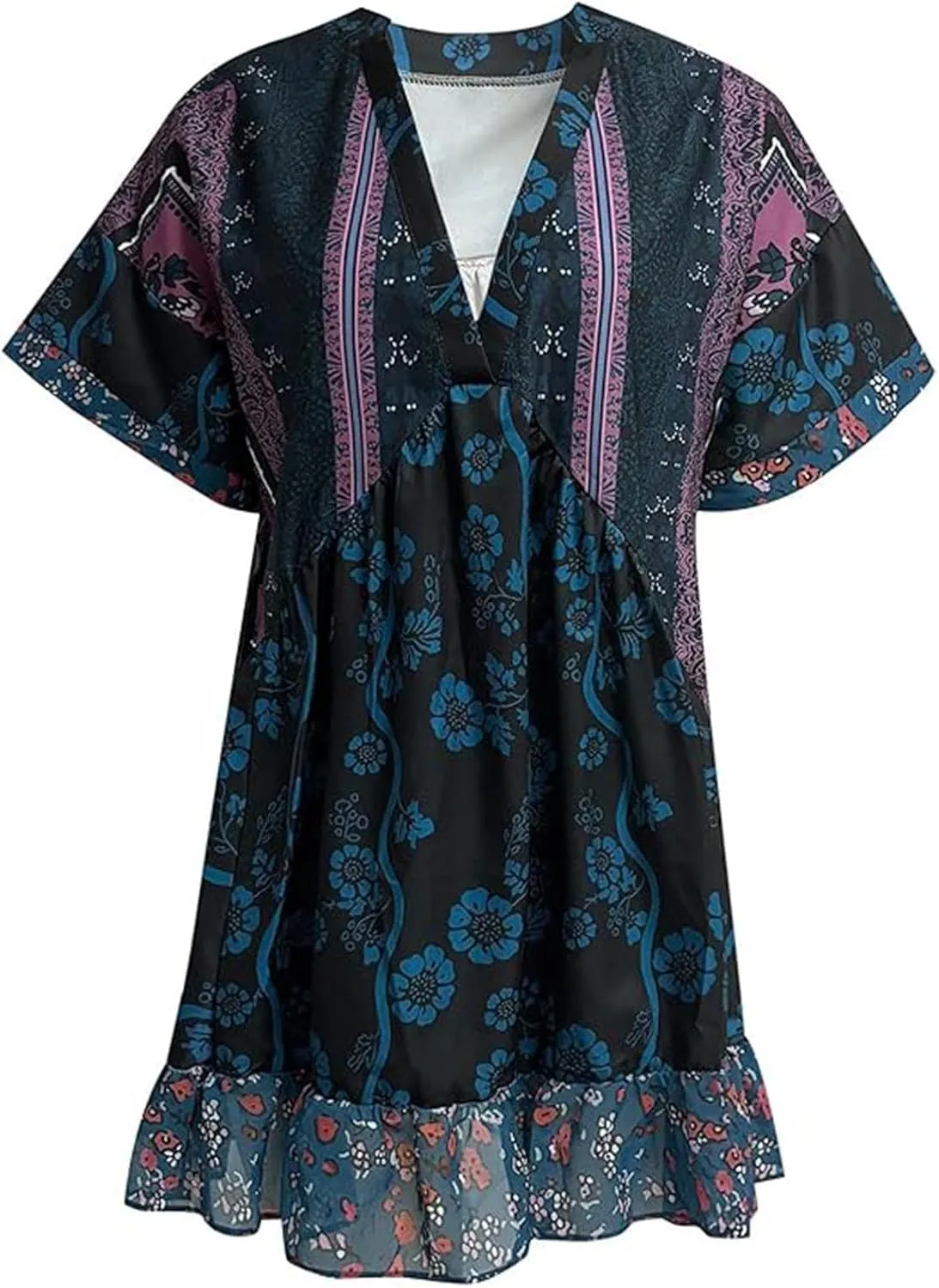 Womens Summer Bohemian Ruffles Mini Dresses Loose Short Sleeve V Neck Cute Printed Swing Baech Vacation Dress with Pockets