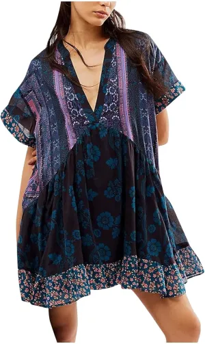 Womens Summer Bohemian Ruffles Mini Dresses Loose Short Sleeve V Neck Cute Printed Swing Baech Vacation Dress with Pockets