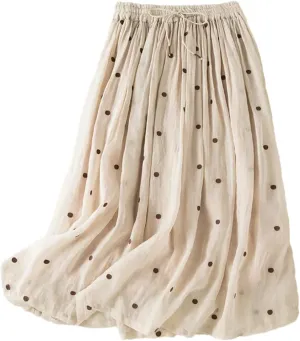 Womens Vintage Dot Casual Elastic Waist Skirts Pleated Skirt Office Flowy Midi Skirt