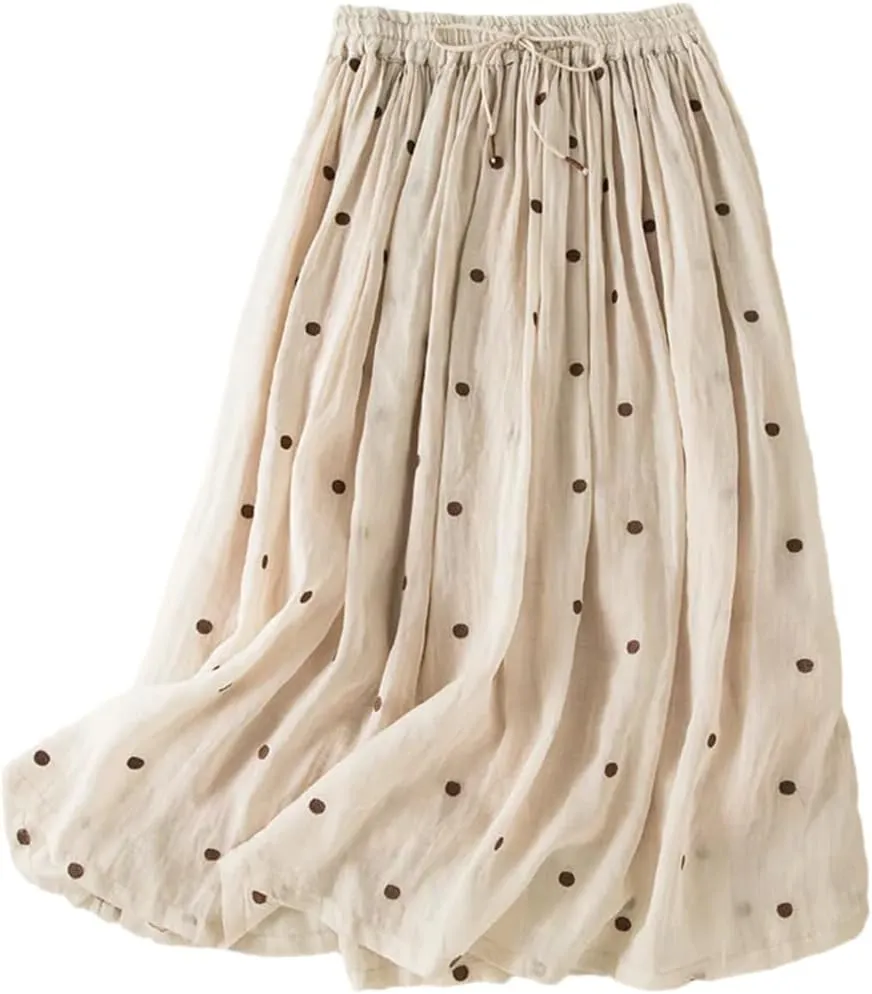 Womens Vintage Dot Casual Elastic Waist Skirts Pleated Skirt Office Flowy Midi Skirt