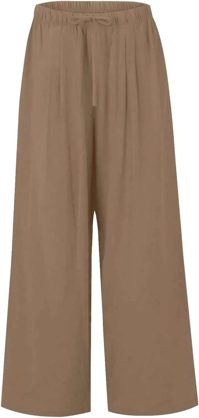 Womens Wide Leg Linen Pants Summer Drawstring Elastic Waist Palazzo Pants Soft Comfy Summer Beach Trousers Pockets