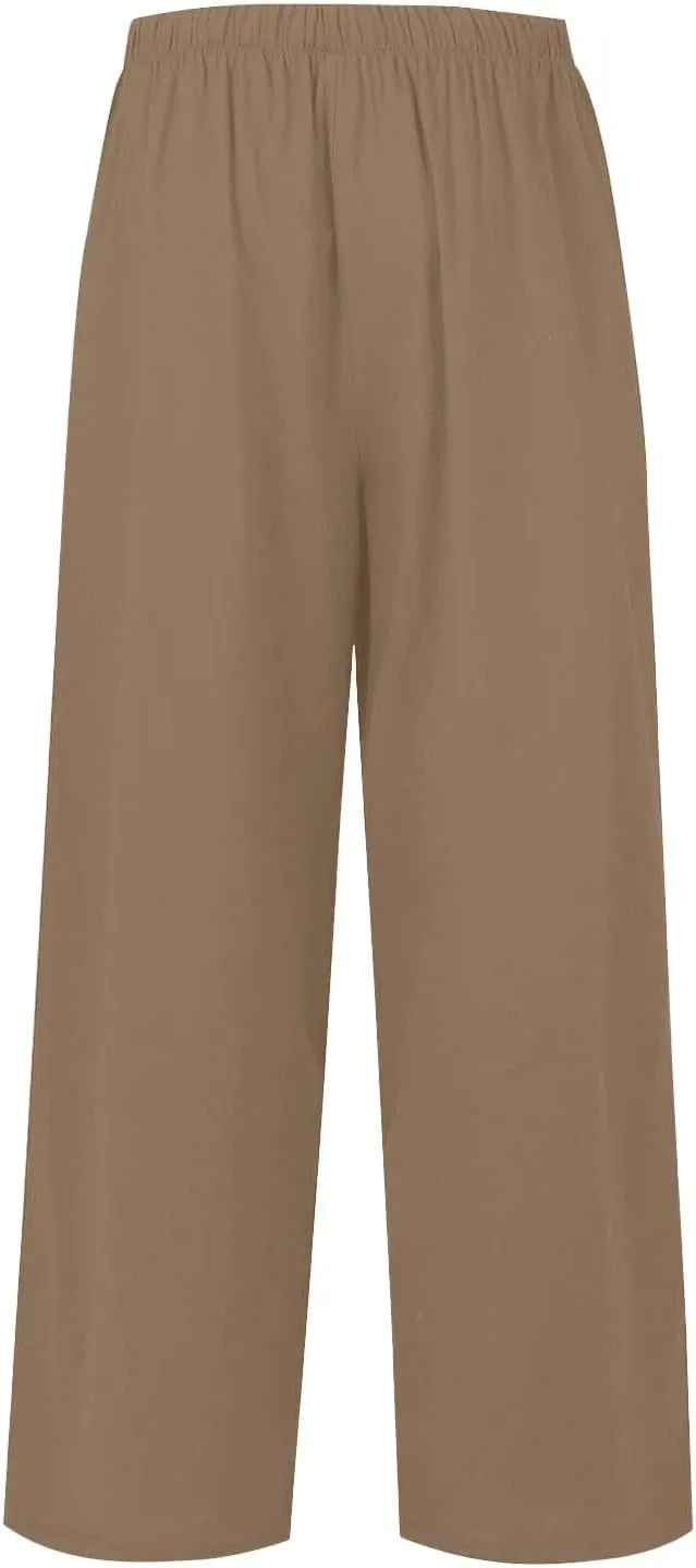 Womens Wide Leg Linen Pants Summer Drawstring Elastic Waist Palazzo Pants Soft Comfy Summer Beach Trousers Pockets