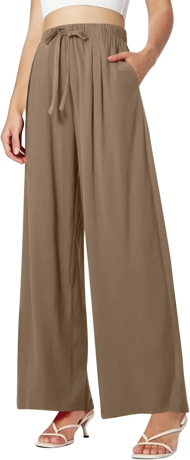 Womens Wide Leg Linen Pants Summer Drawstring Elastic Waist Palazzo Pants Soft Comfy Summer Beach Trousers Pockets