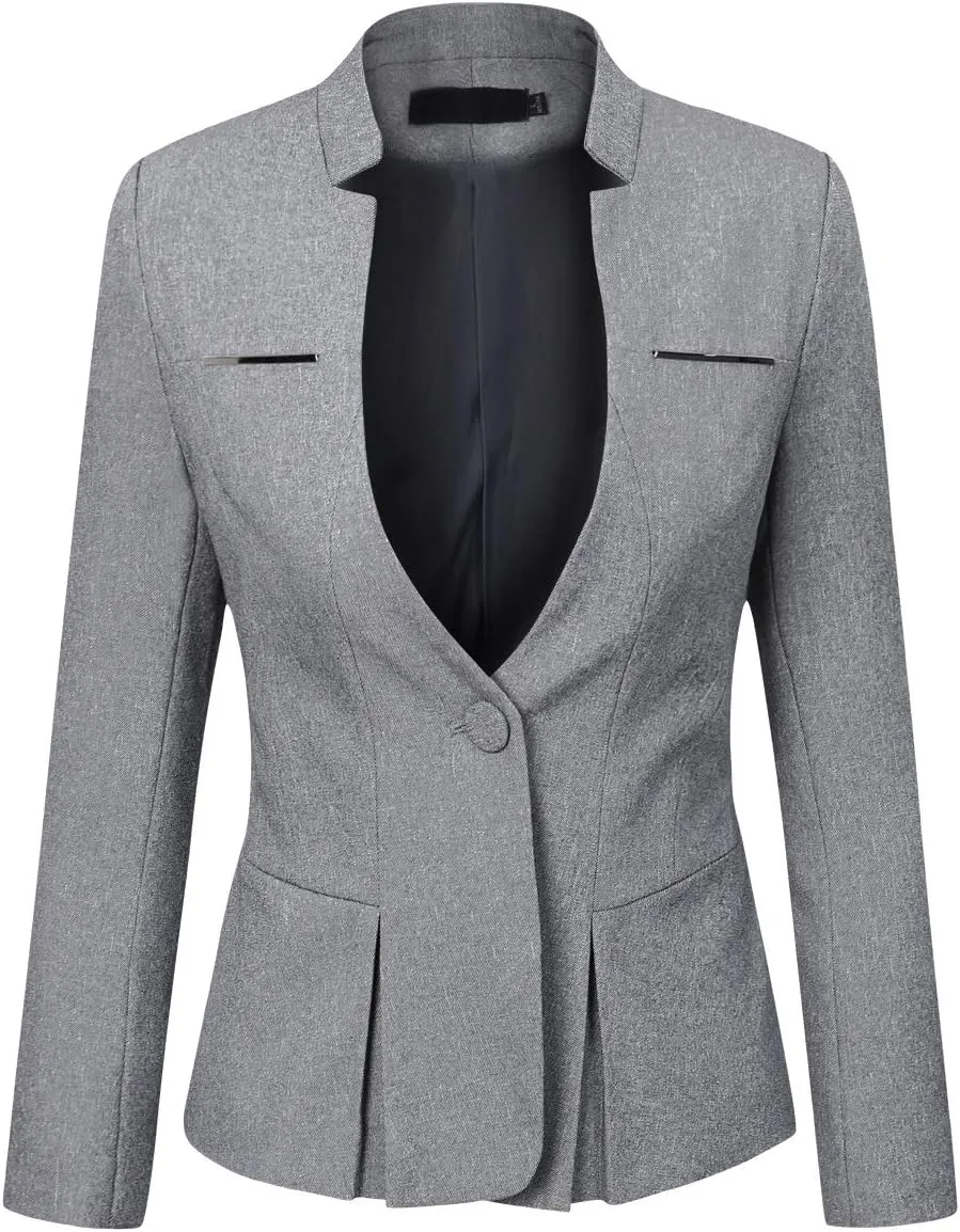 YYNUDA Womens Business Blazer Solid Ruffles Stand Collar Lightweight Office Work Jacket Coat