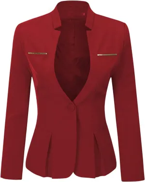 YYNUDA Womens Business Blazer Solid Ruffles Stand Collar Lightweight Office Work Jacket Coat