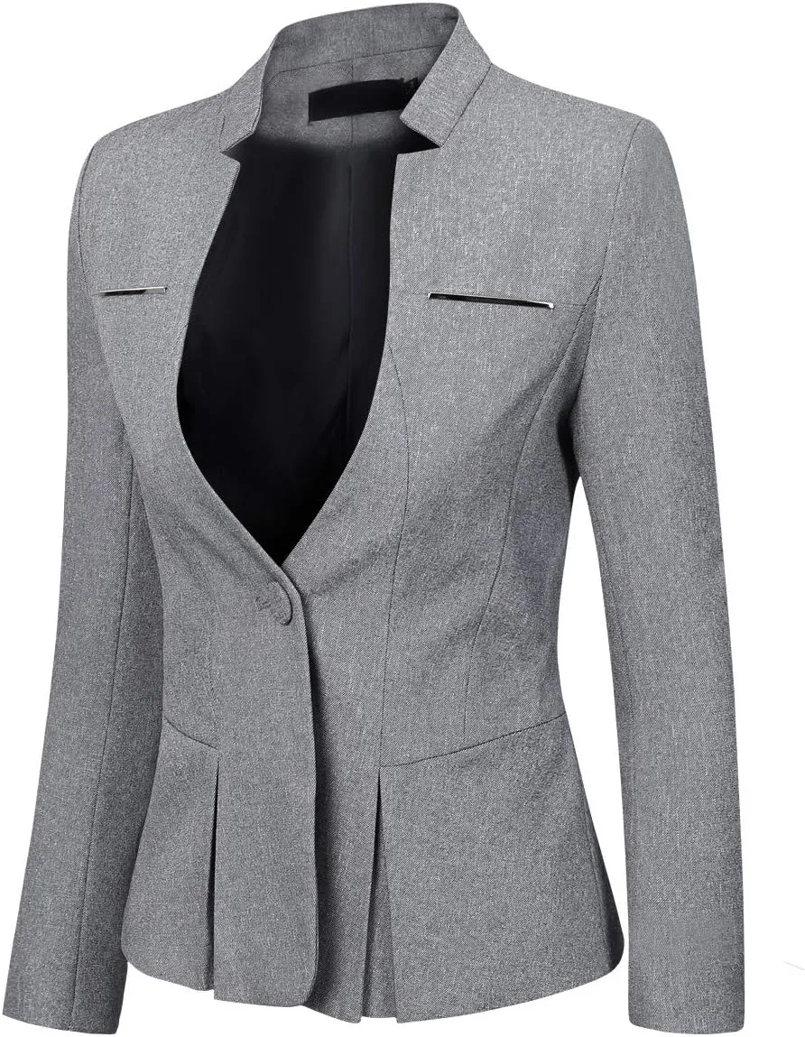 YYNUDA Womens Business Blazer Solid Ruffles Stand Collar Lightweight Office Work Jacket Coat